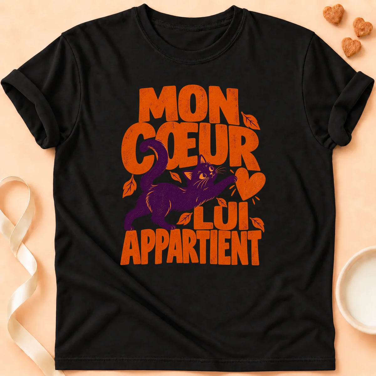 T-shirt chat Patoume – T-shirt Mon coeur lui appartient – Noir
