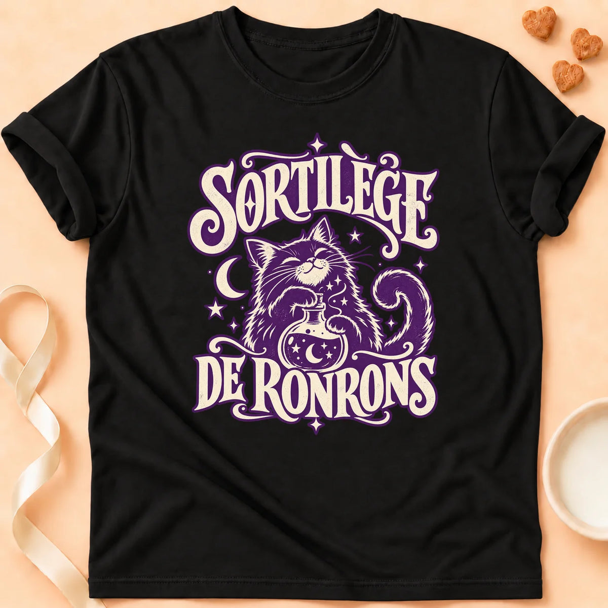 T-shirt chat Patoume – T-shirt Sortilège de ronrons – Noir