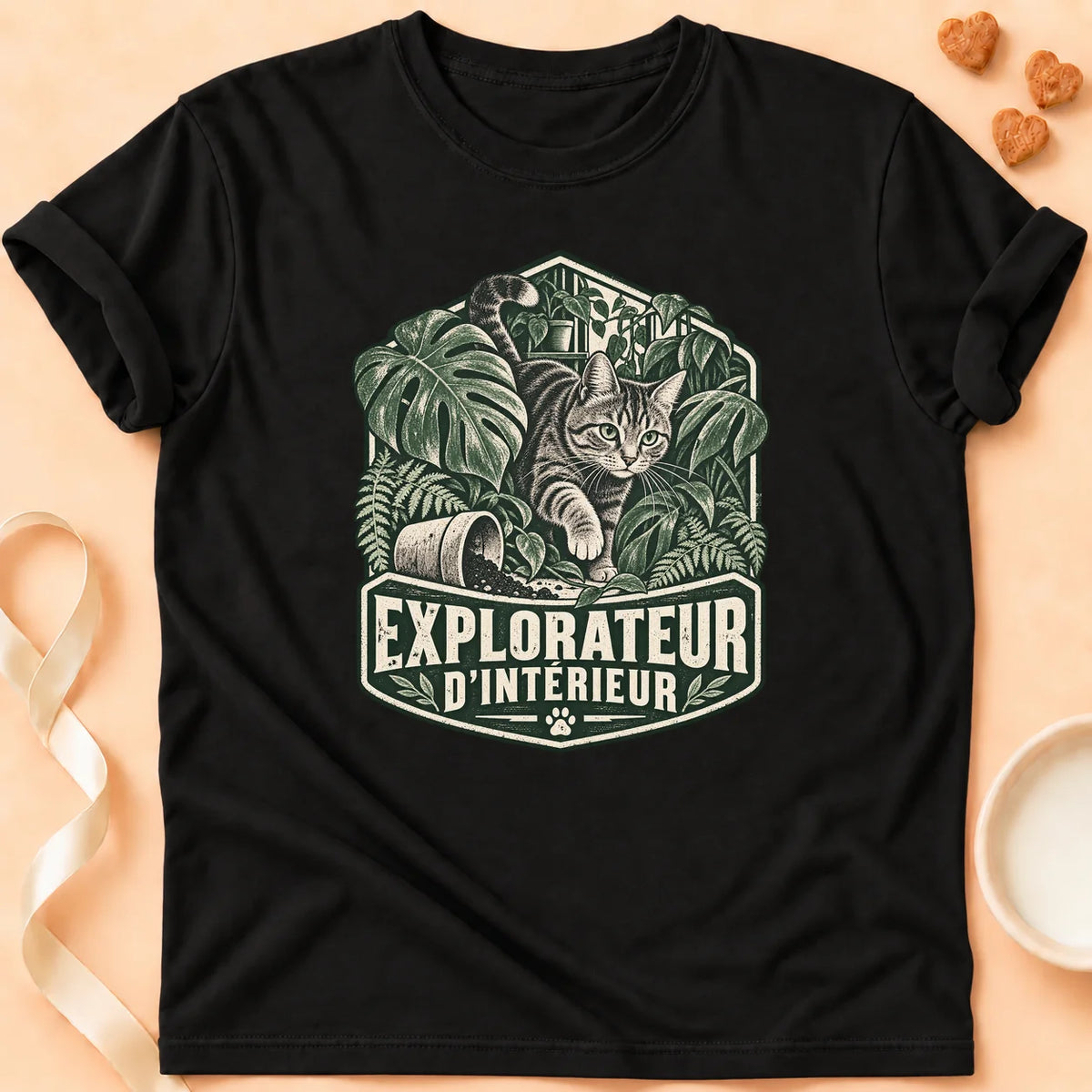 T-shirt chat Patoume – T-shirt Explorateur d’intérieur – Noir