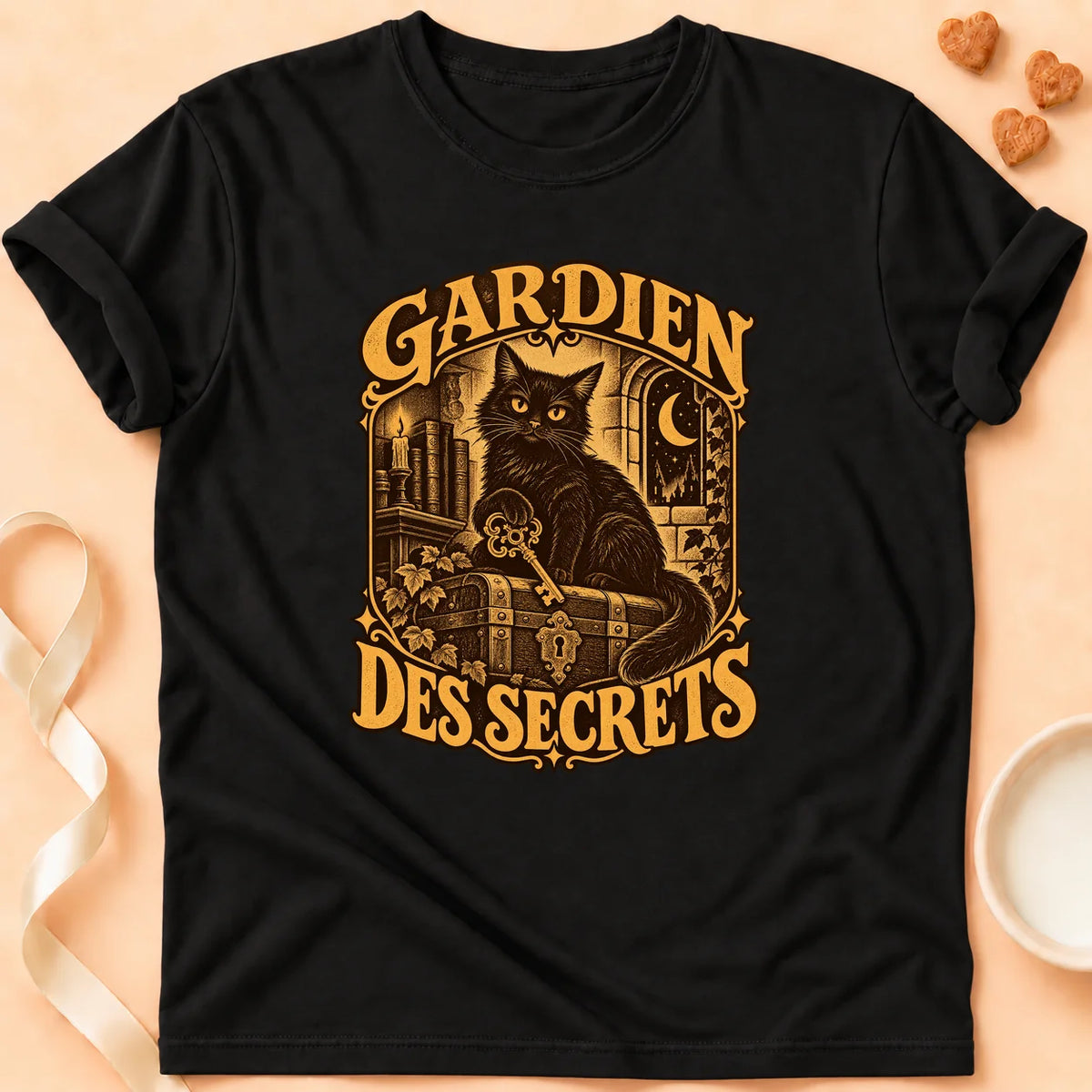 T-shirt chat Patoume – T-shirt Gardien des secrets – Noir