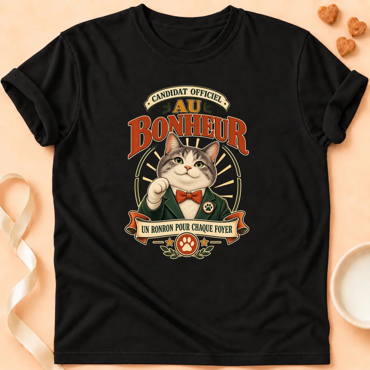 T-shirt chat Patoume – T-shirt Candidat au bonheur – Noir