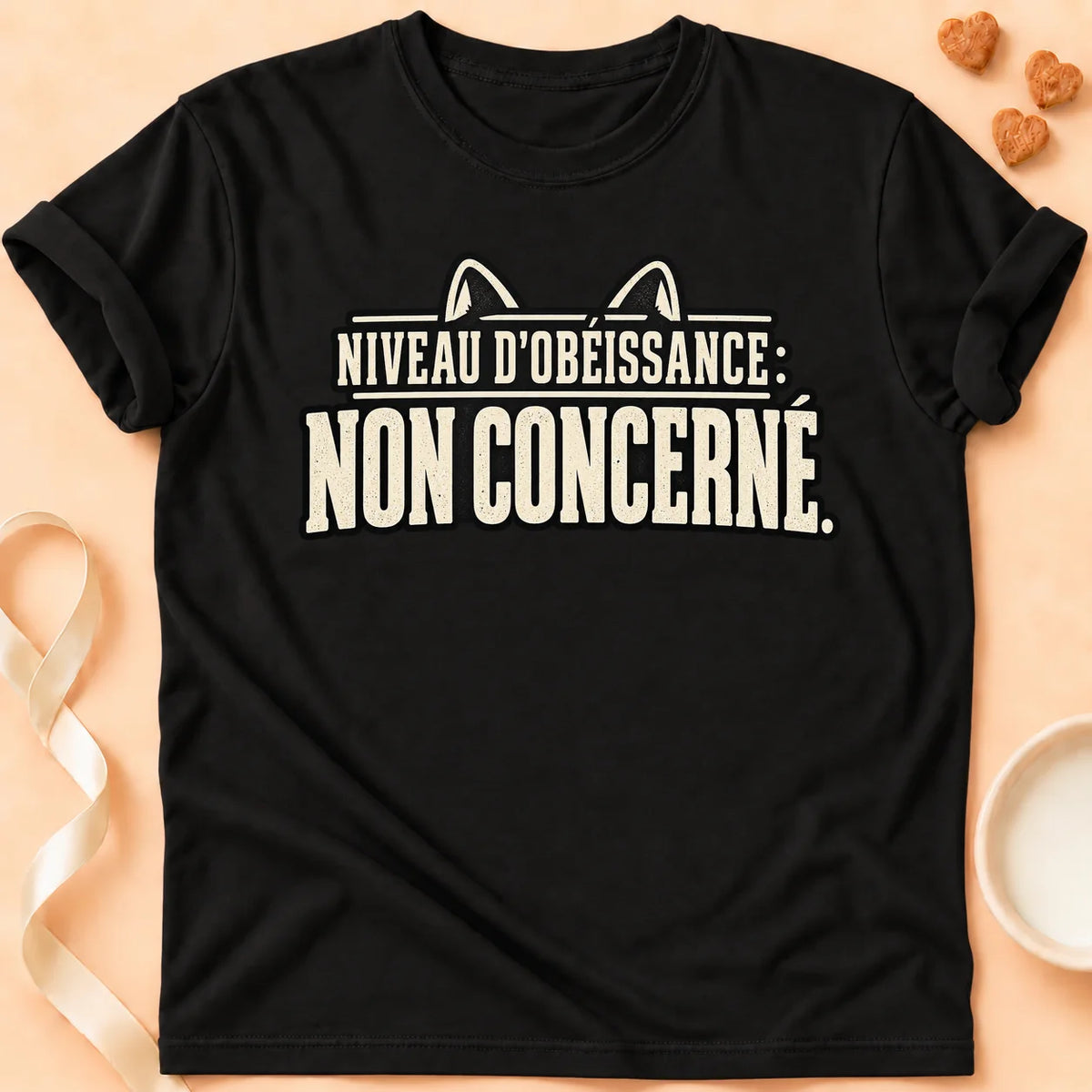 T-shirt chat Patoume – T-shirt Niveau d’obéissance – Noir