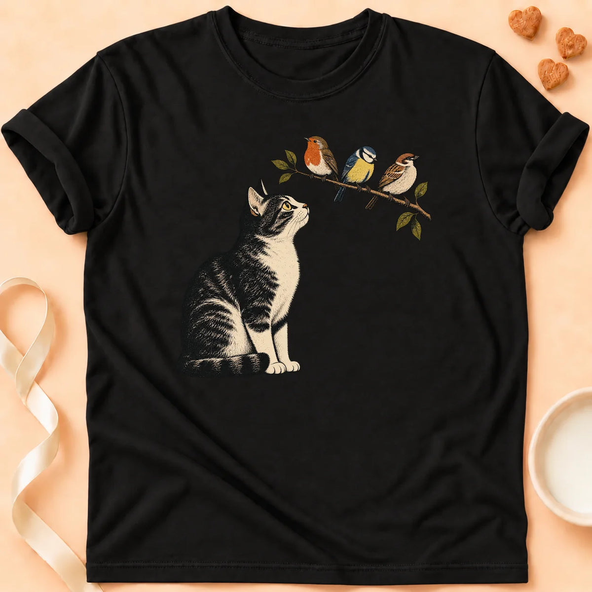 T-shirt chat Patoume – T-shirt Oiseaux – Noir