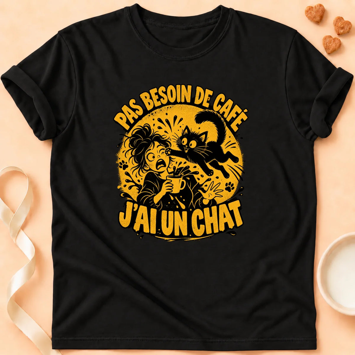 T-shirt chat Patoume – T-shirt Pas besoin de café – Noir