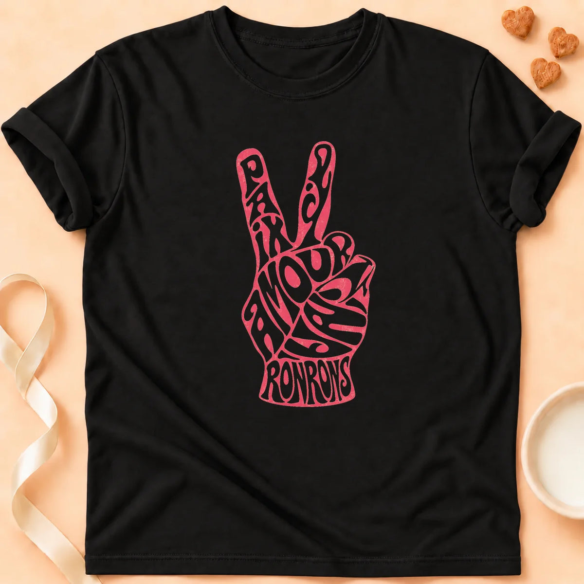 T-shirt chat Patoume – T-shirt Paix amour ronrons – Noir