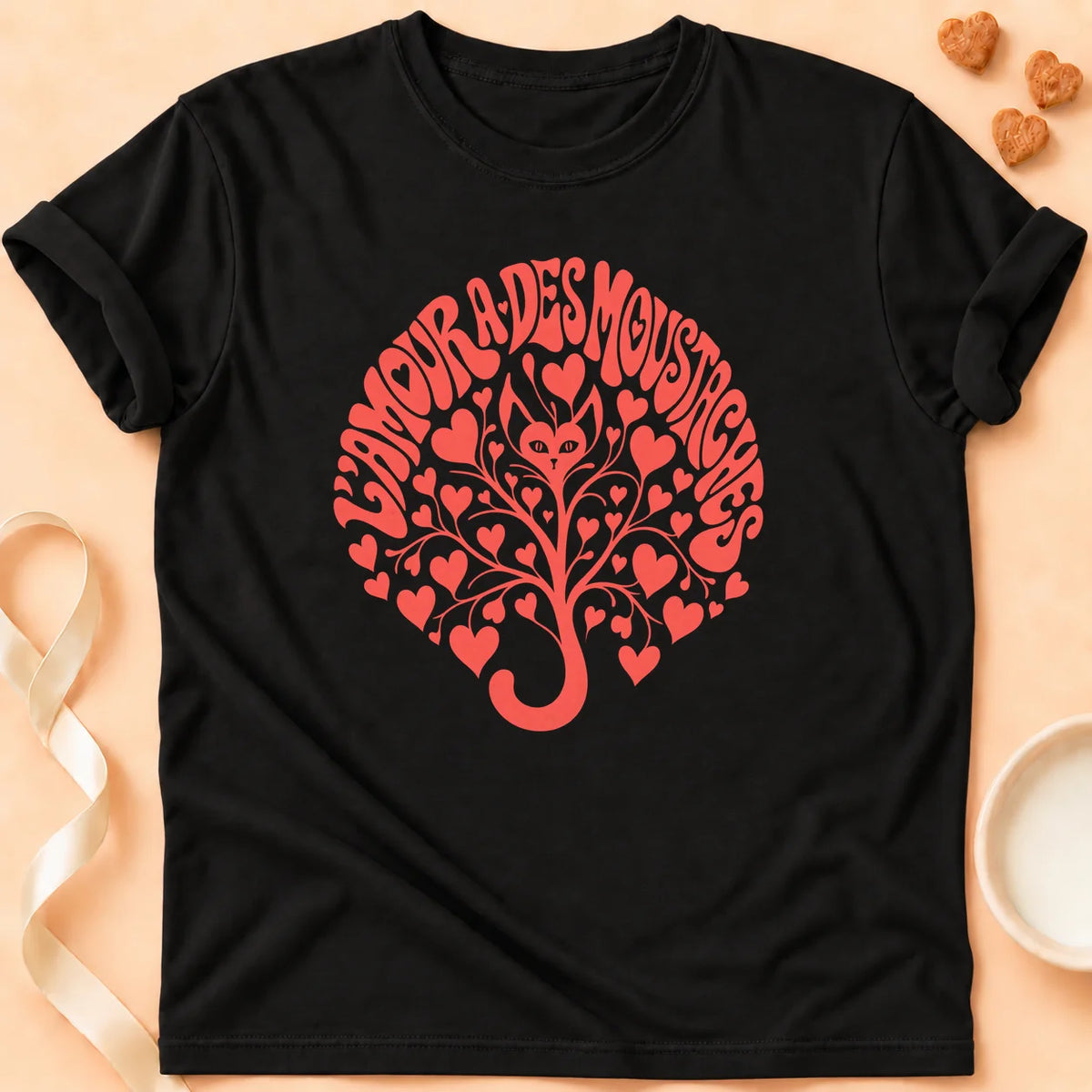 T-shirt chat Patoume – T-shirt L’amour a des moustaches – Noir