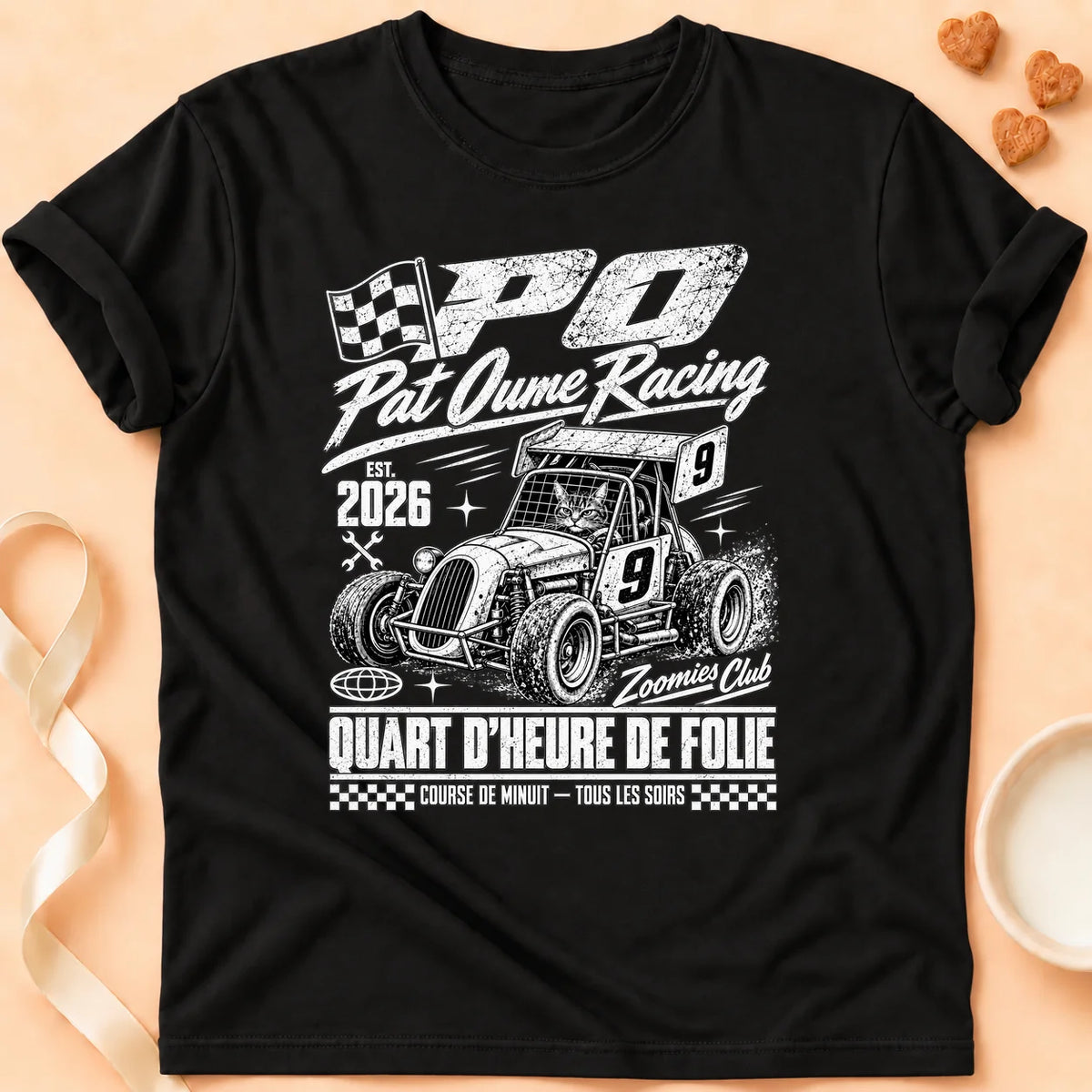 T-shirt chat Patoume – T-shirt Patoume racing – Noir
