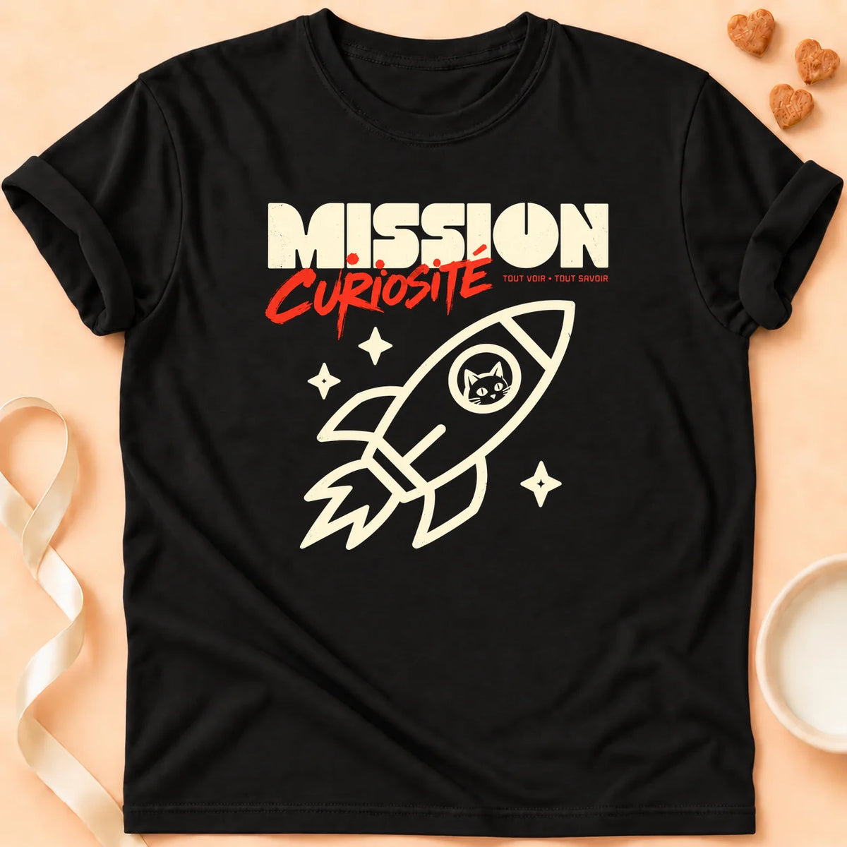 T-shirt chat Patoume – T-shirt Mission curiosité – Noir