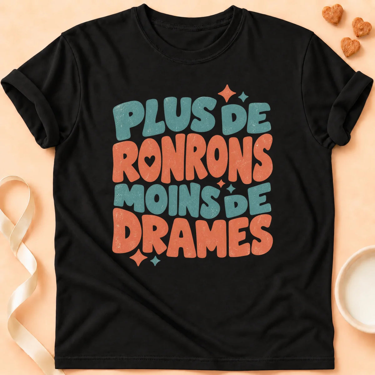 T-shirt chat Patoume – T-shirt Moins de drames – Noir
