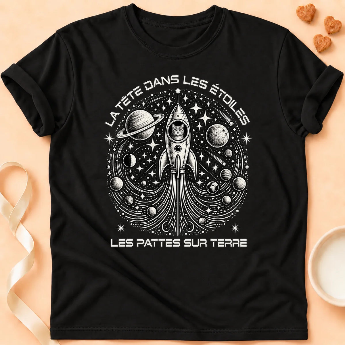 T-shirt chat Patoume – T-shirt Dans les étoiles – Noir