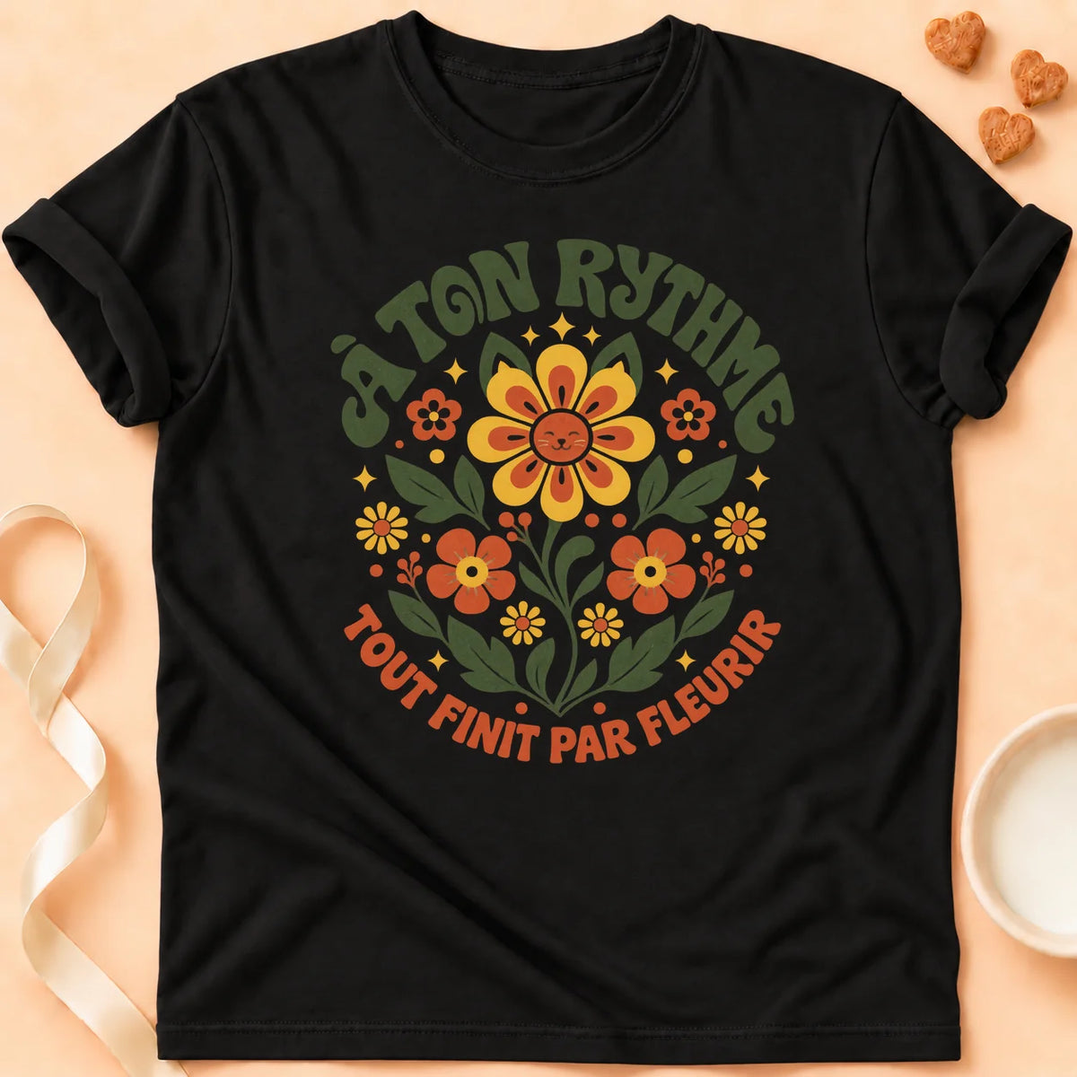 T-shirt chat Patoume – T-shirt Fleurir – Noir