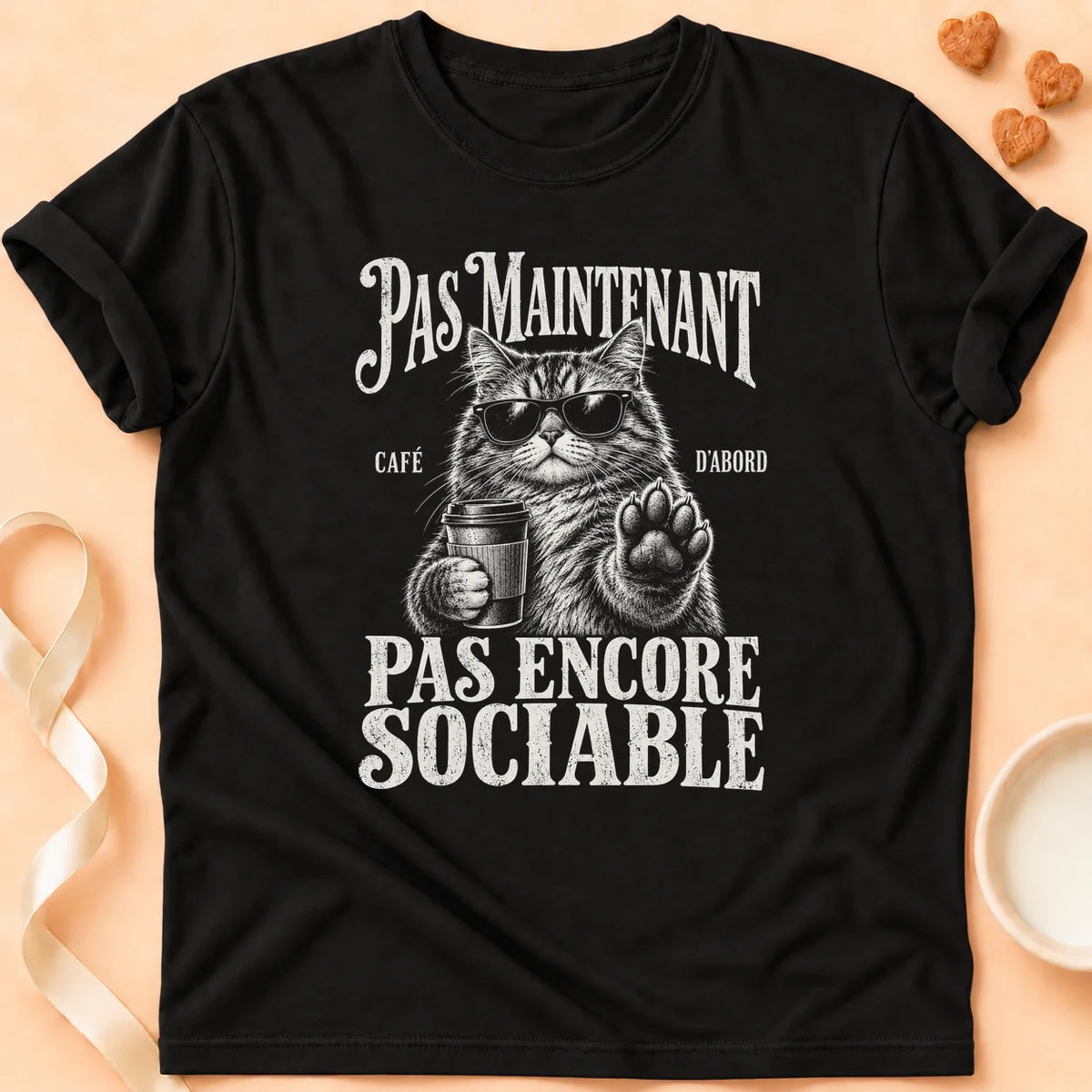 T-shirt chat Patoume – T-shirt Pas maintenant – Noir