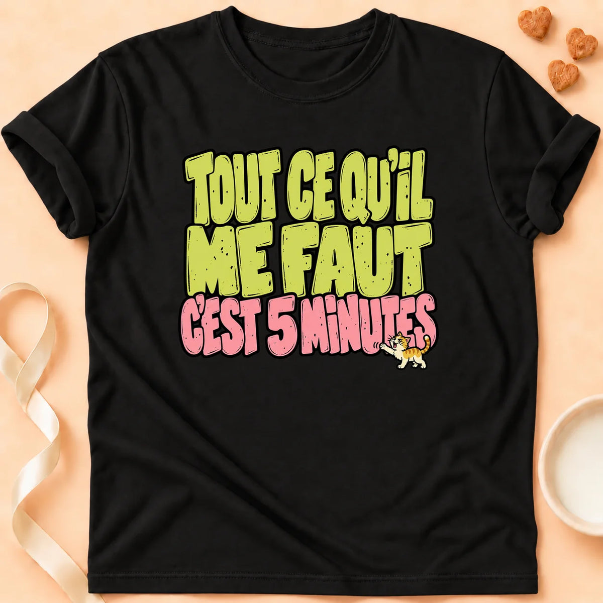 T-shirt chat Patoume – T-shirt Que 5 minutes – Noir
