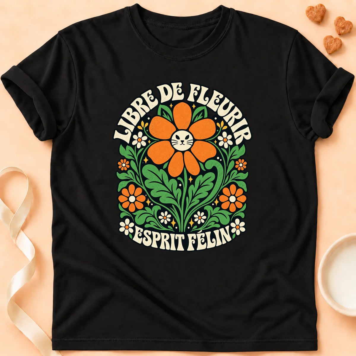 T-shirt chat Patoume – T-shirt Libre de fleurir – Noir