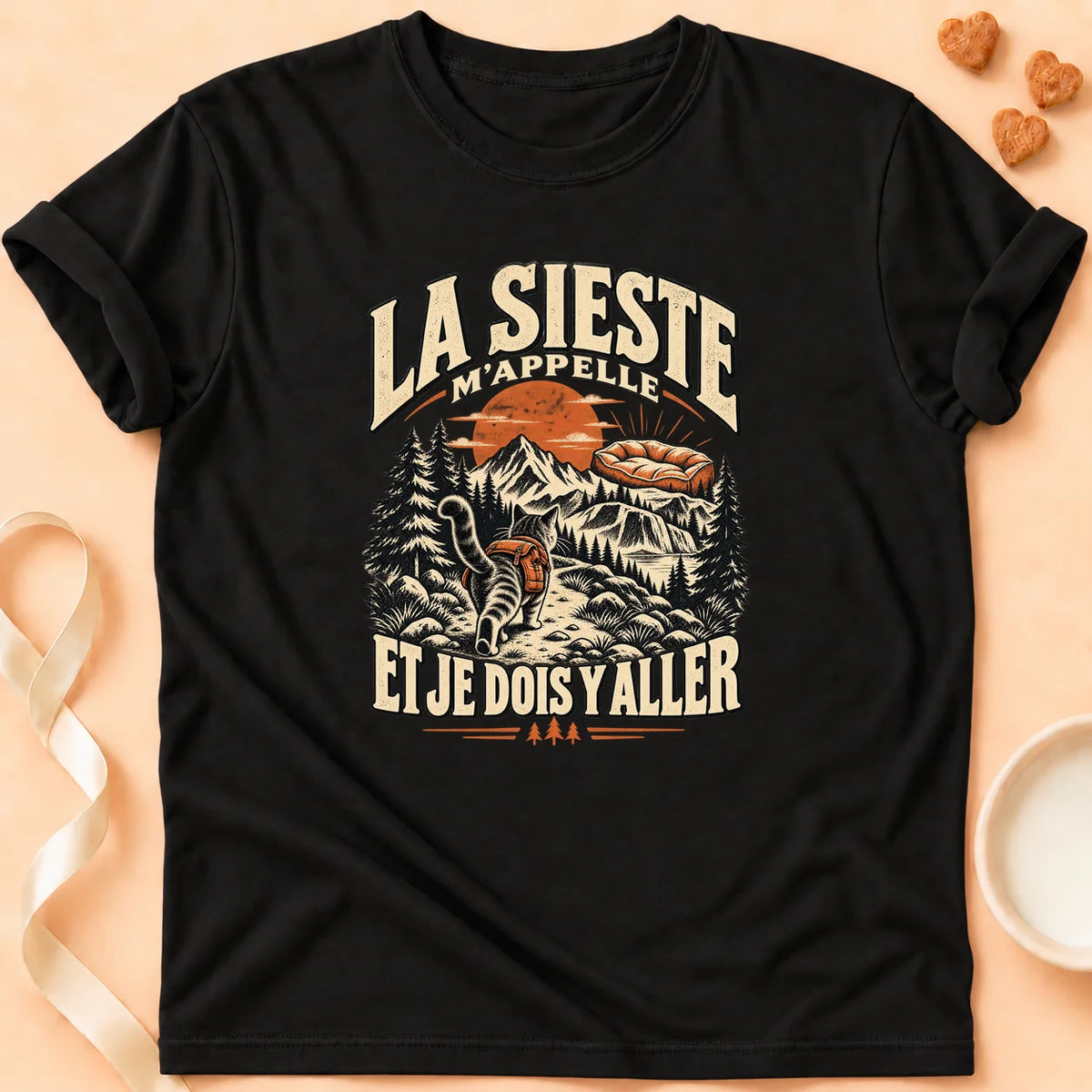T-shirt chat Patoume – T-shirt Sieste d'abord – Noir