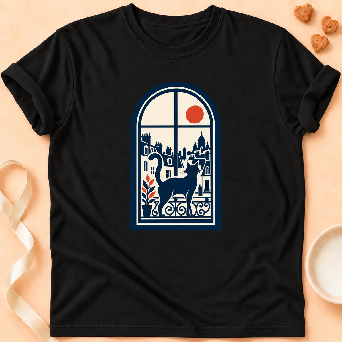 T-shirt chat Patoume – T-shirt Félin des toits – Noir