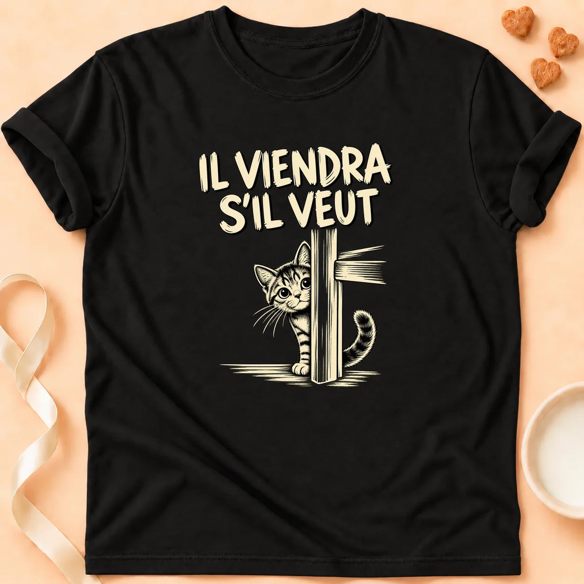 T-shirt chat Patoume – T-shirt Il viendra s’il veut – Noir