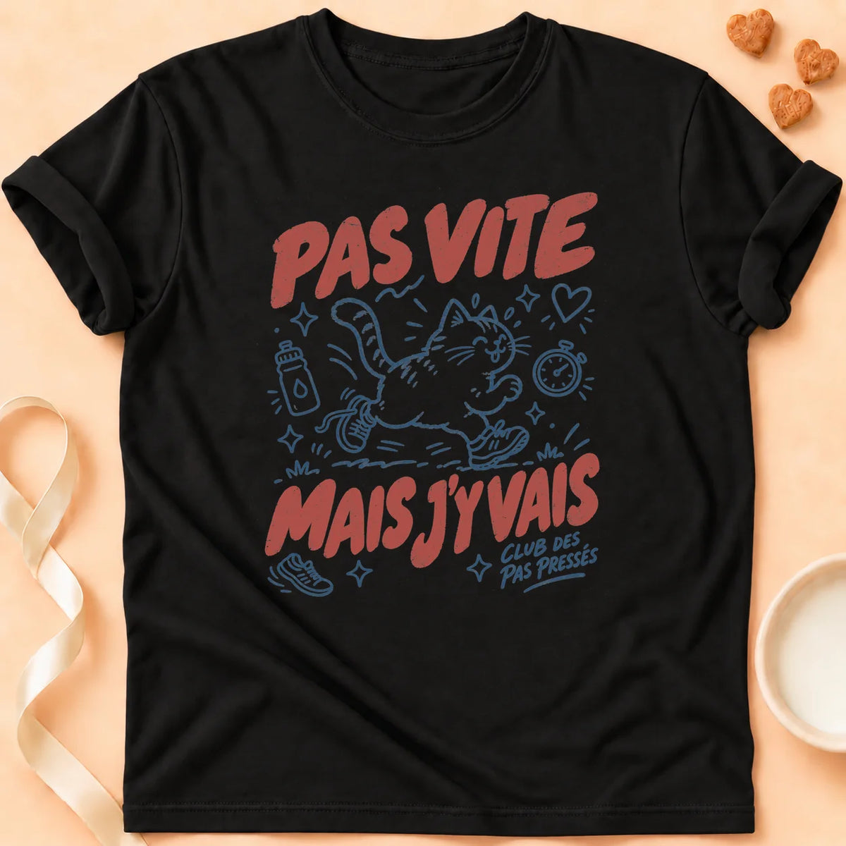 T-shirt chat Patoume – T-shirt Les pas pressés – Noir