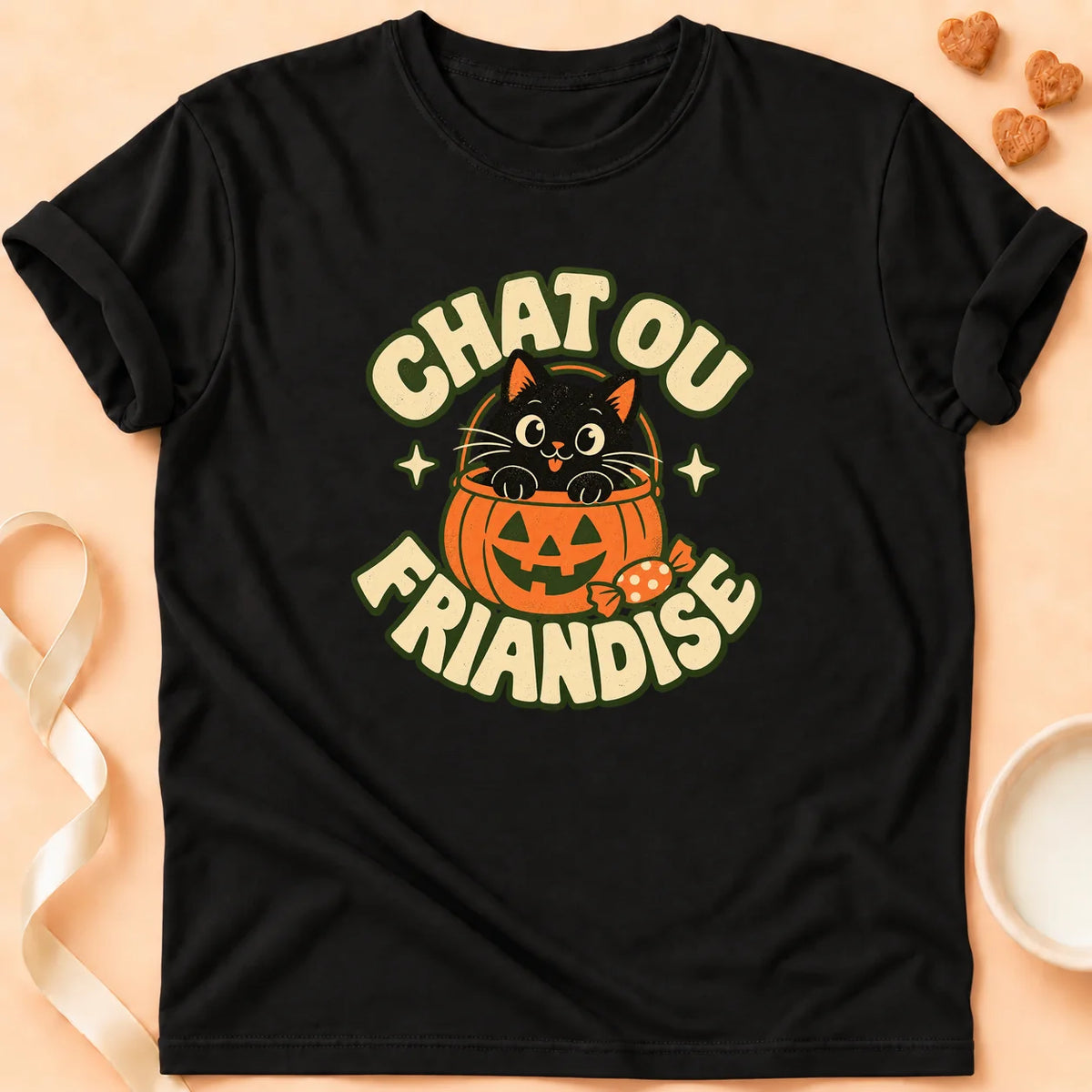 T-shirt chat Patoume – T-shirt Chat ou friandise – Noir