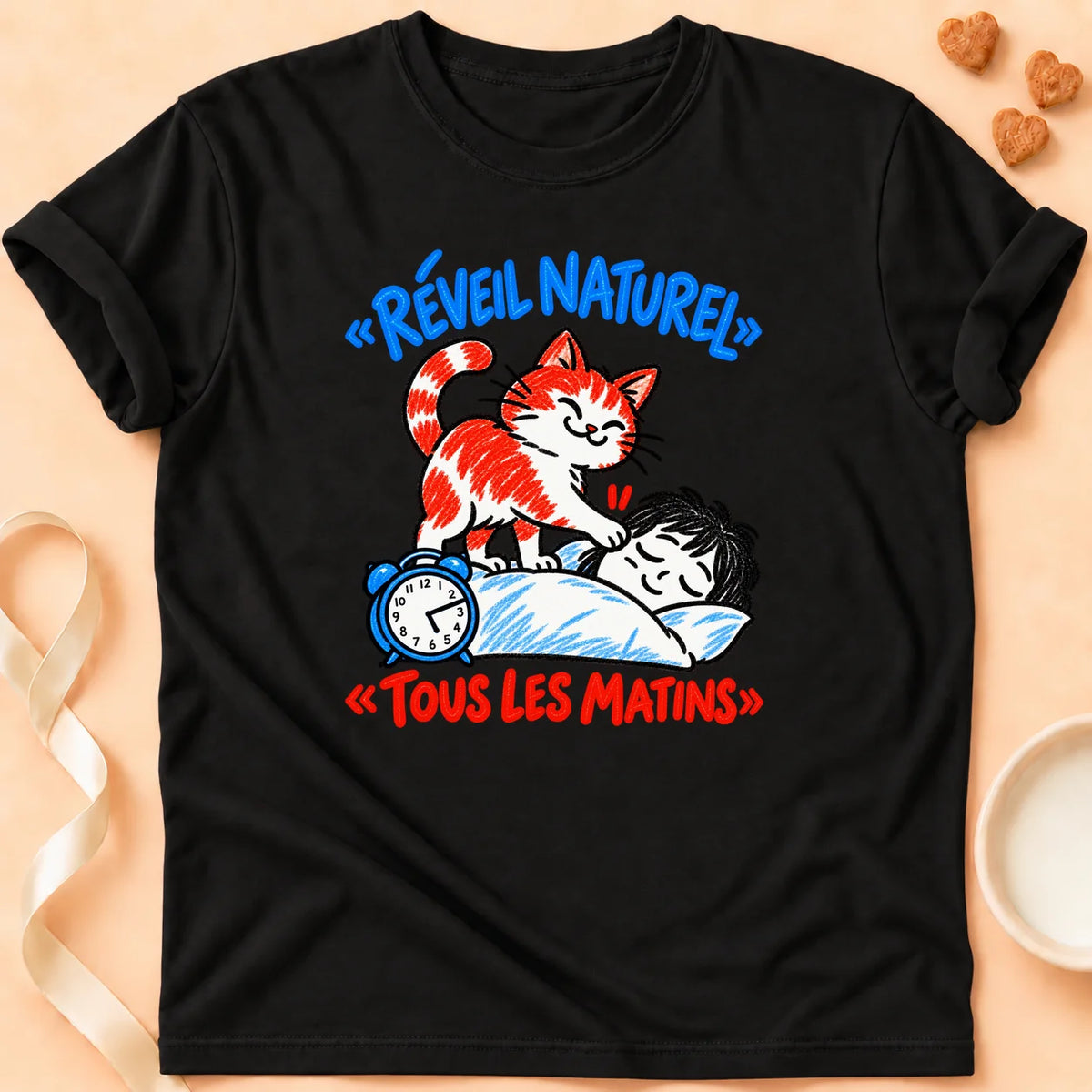 T-shirt chat Patoume – T-shirt Réveil naturel – Noir