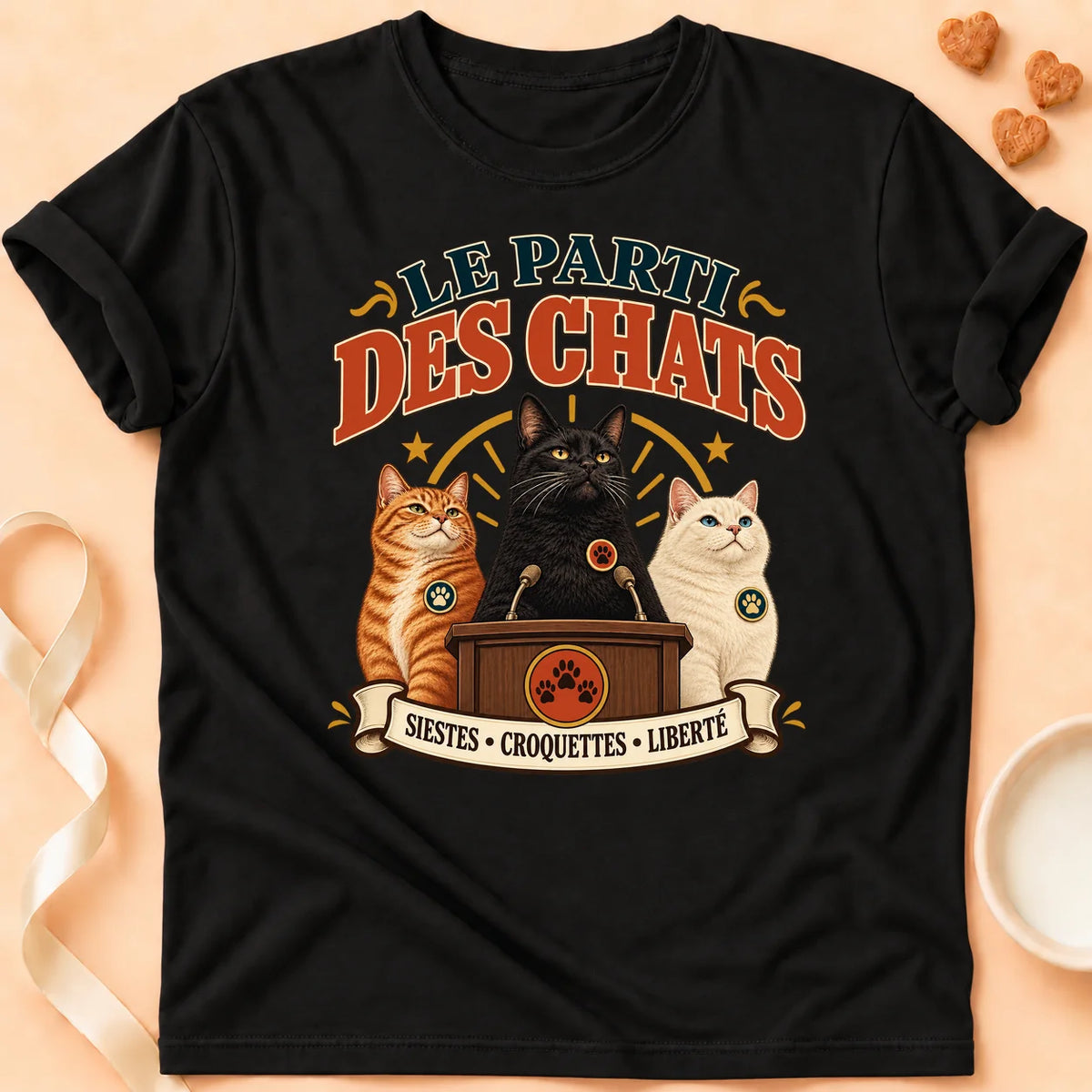 T-shirt chat Patoume – T-shirt Parti des chats – Noir