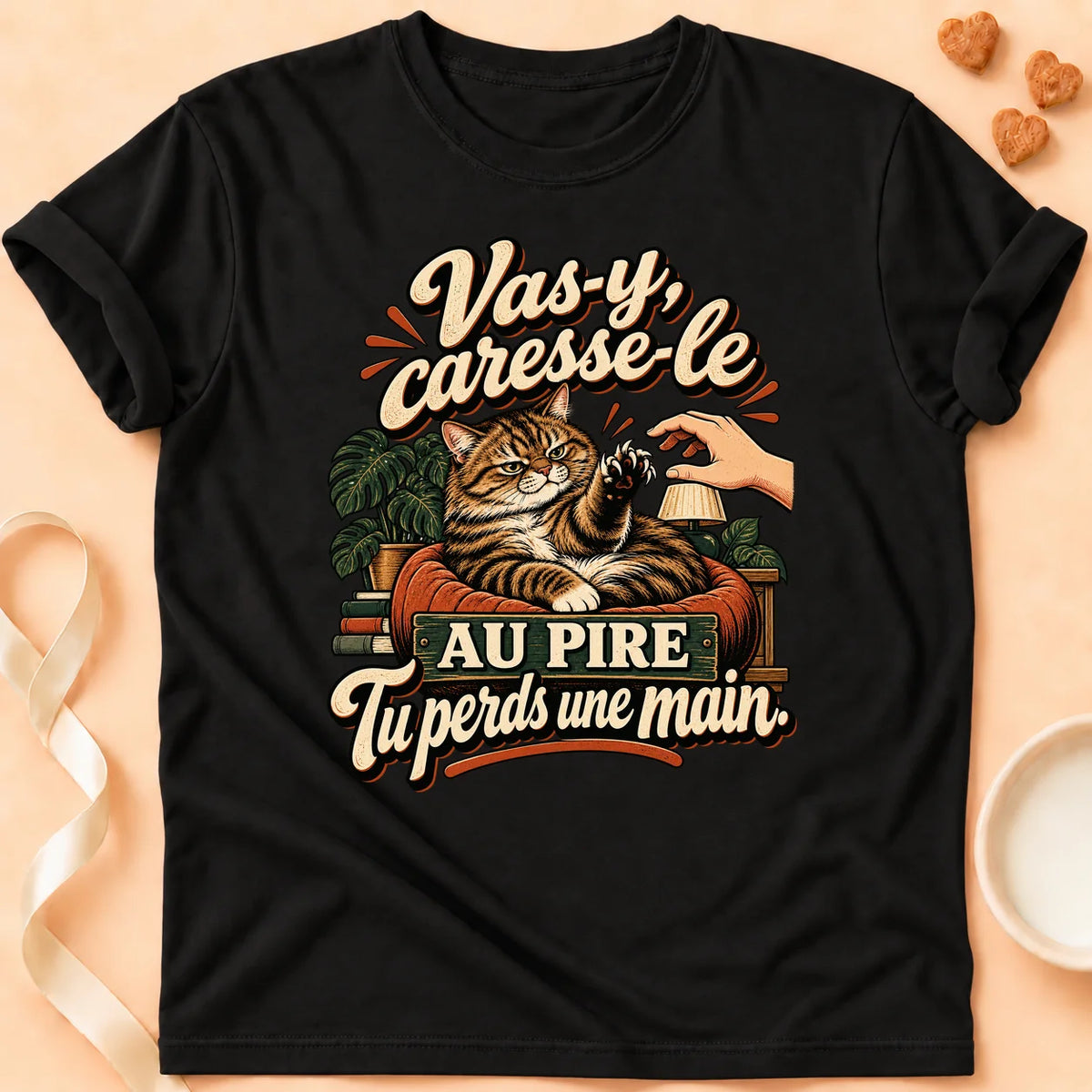 T-shirt chat Patoume – T-shirt Caresse le – Noir
