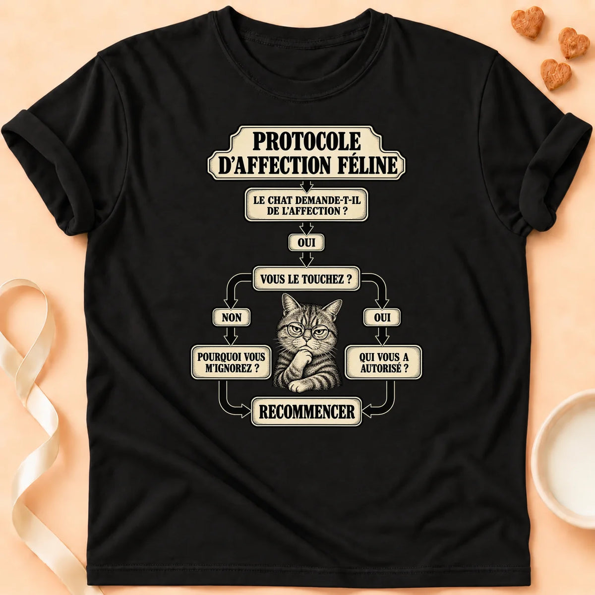 T-shirt chat Patoume – T-shirt Protocole d’affection – Noir