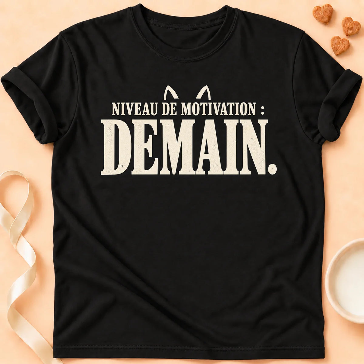 T-shirt chat Patoume – T-shirt Niveau de motivation – Noir