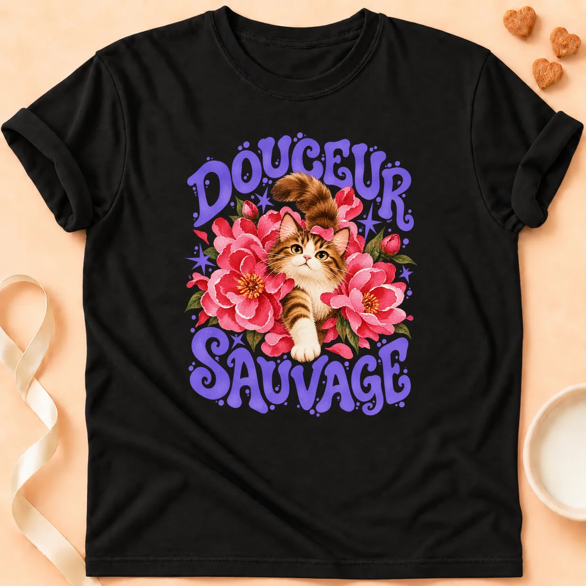 T-shirt chat Patoume – T-shirt Douceur sauvage – Noir