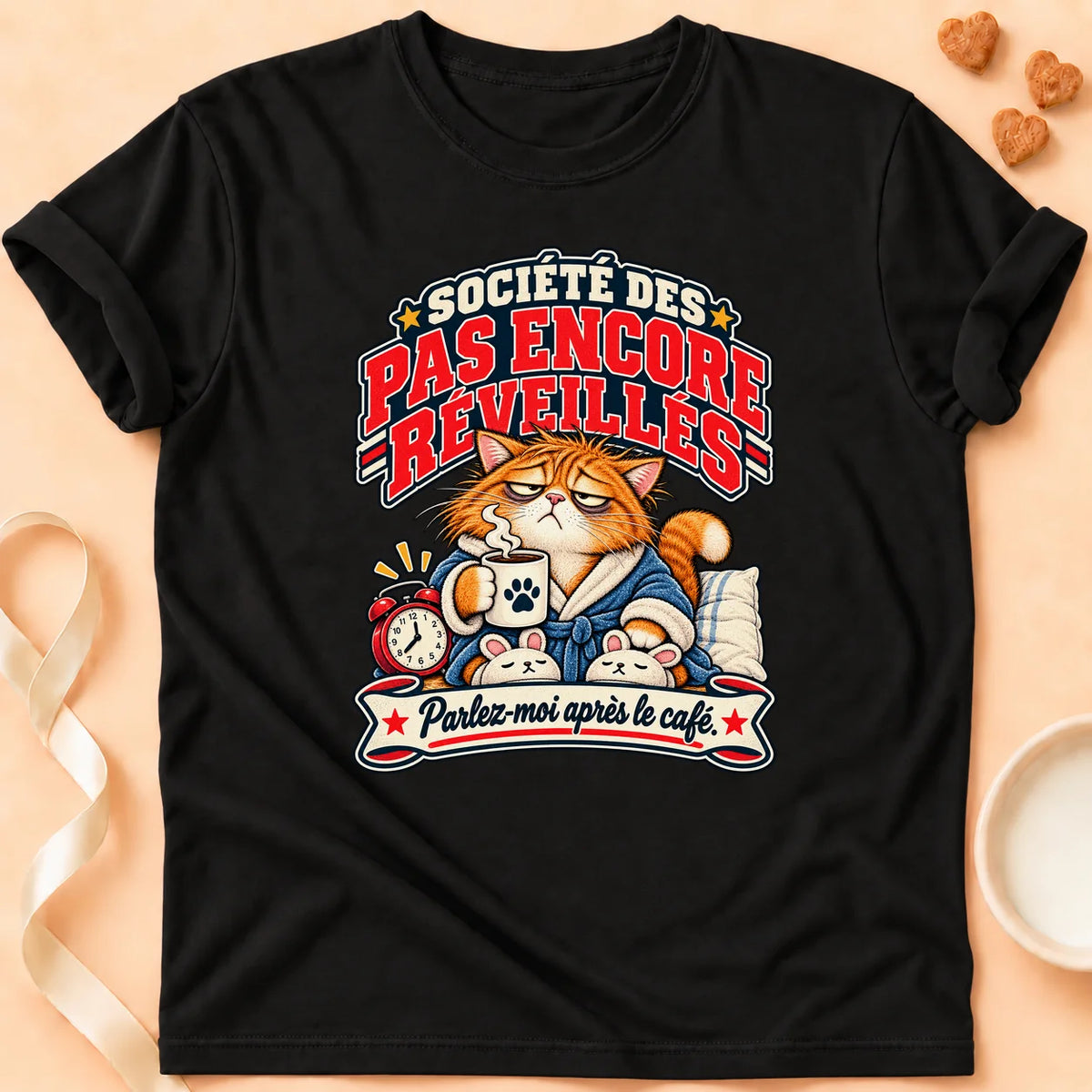 T-shirt chat Patoume – T-shirt Lève-tard – Noir