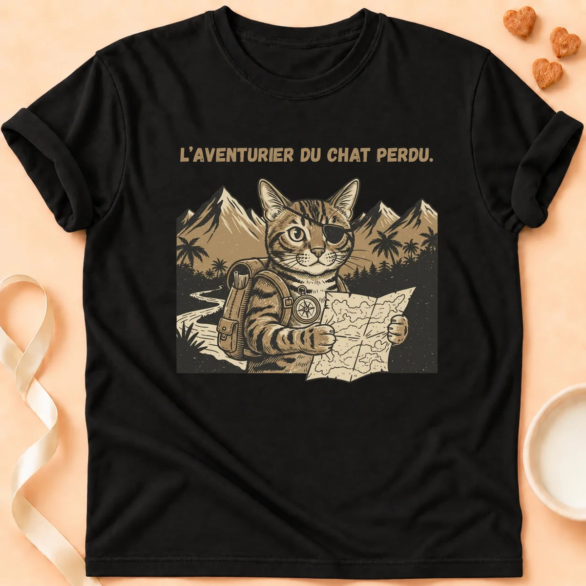 T-shirt chat Patoume – T-Shirt Aventurier – Noir