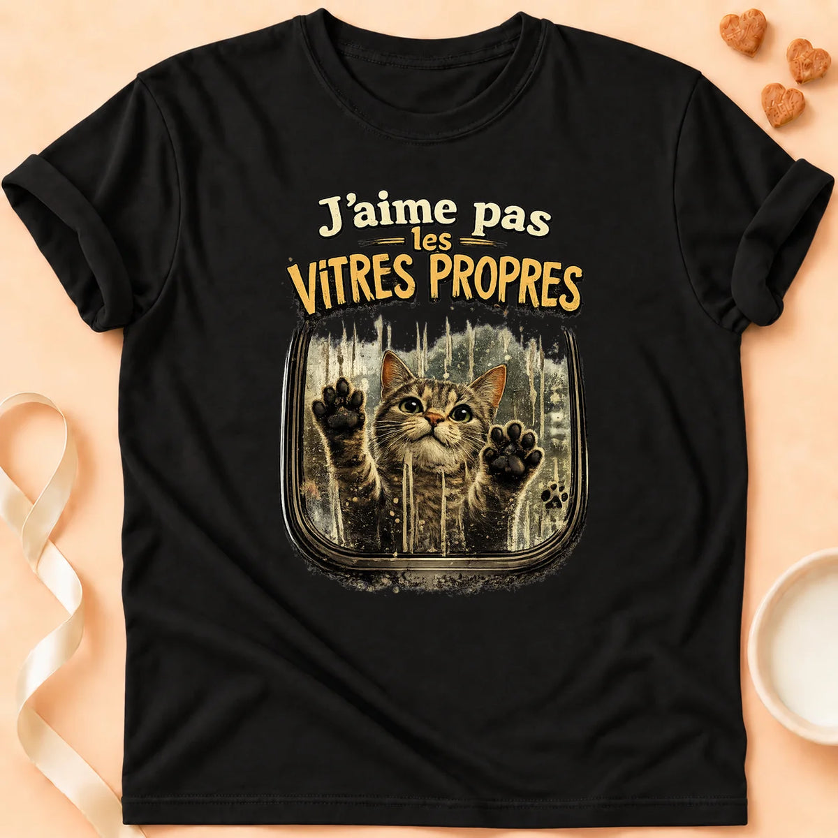 T-shirt chat Patoume – T-shirt « J’aime pas les vitres propres » – Noir