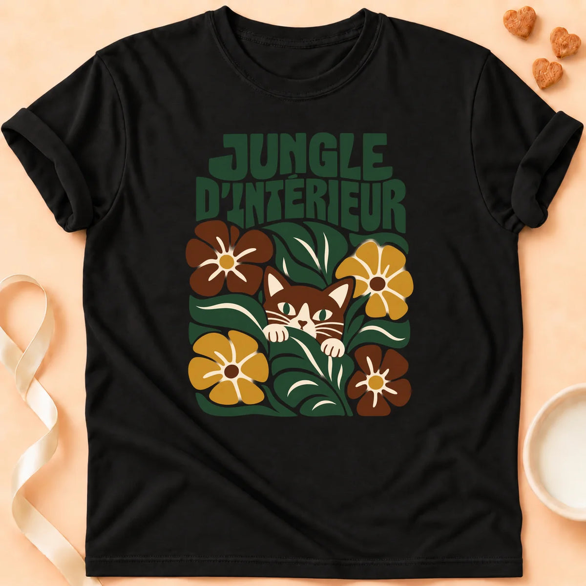 T-shirt chat Patoume – T-shirt Jungle d’intérieur – Noir