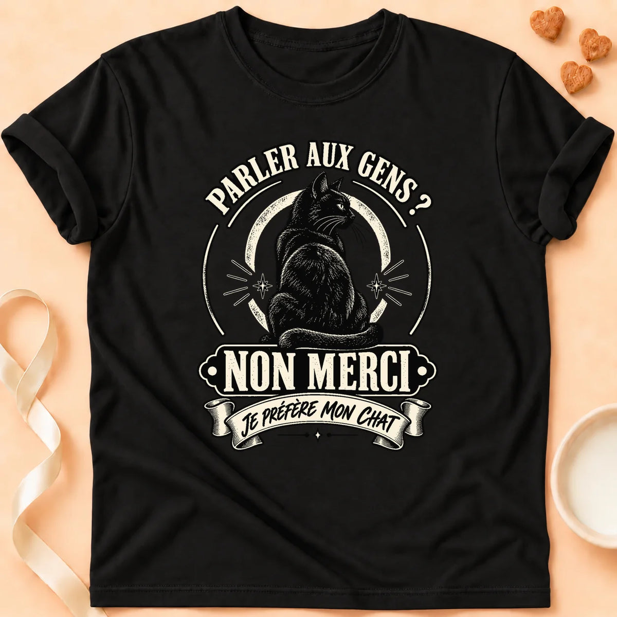 T-shirt chat Patoume – T-shirt Parler aux gens – Noir