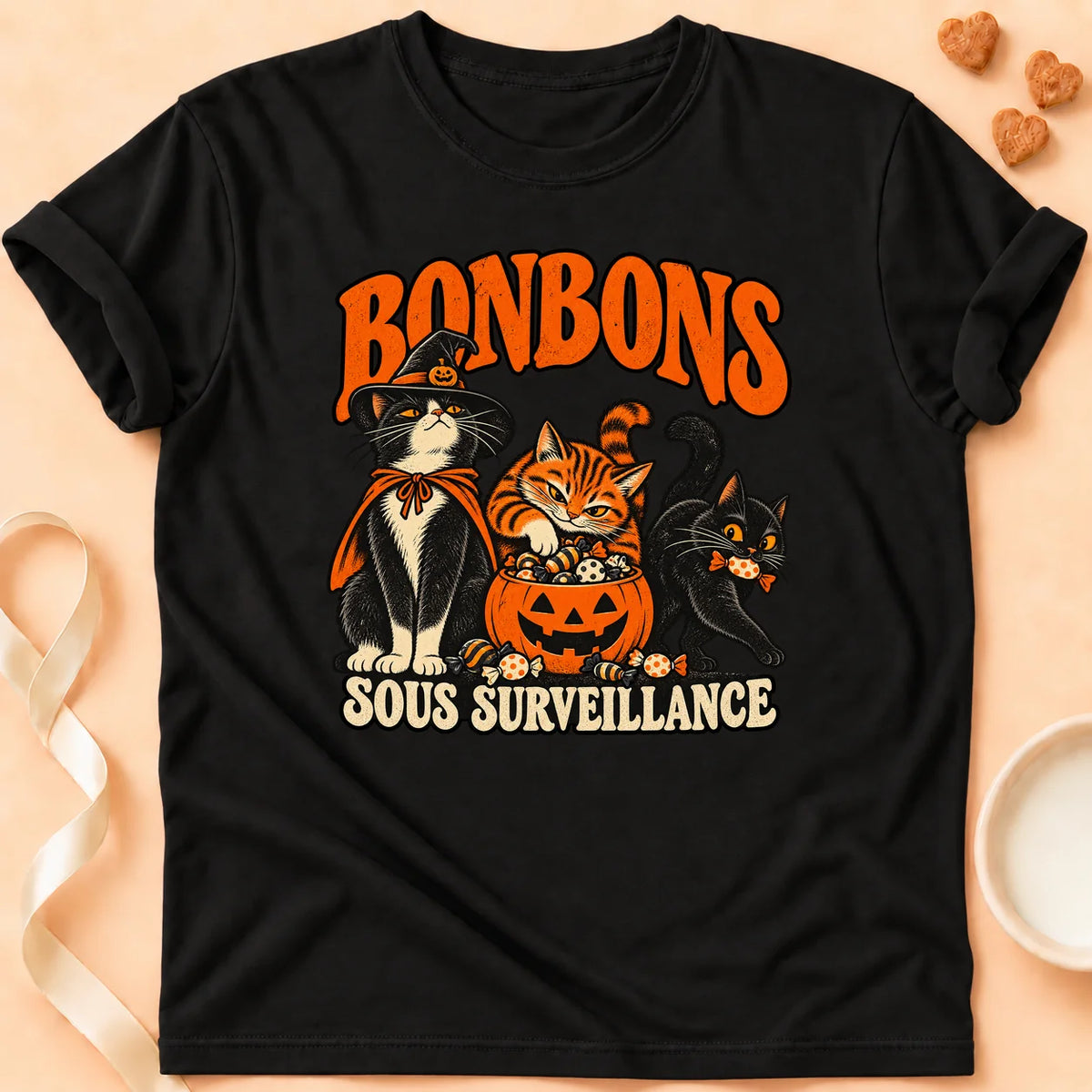 T-shirt chat Patoume – T-shirt Bonbons sous surveillance – Noir