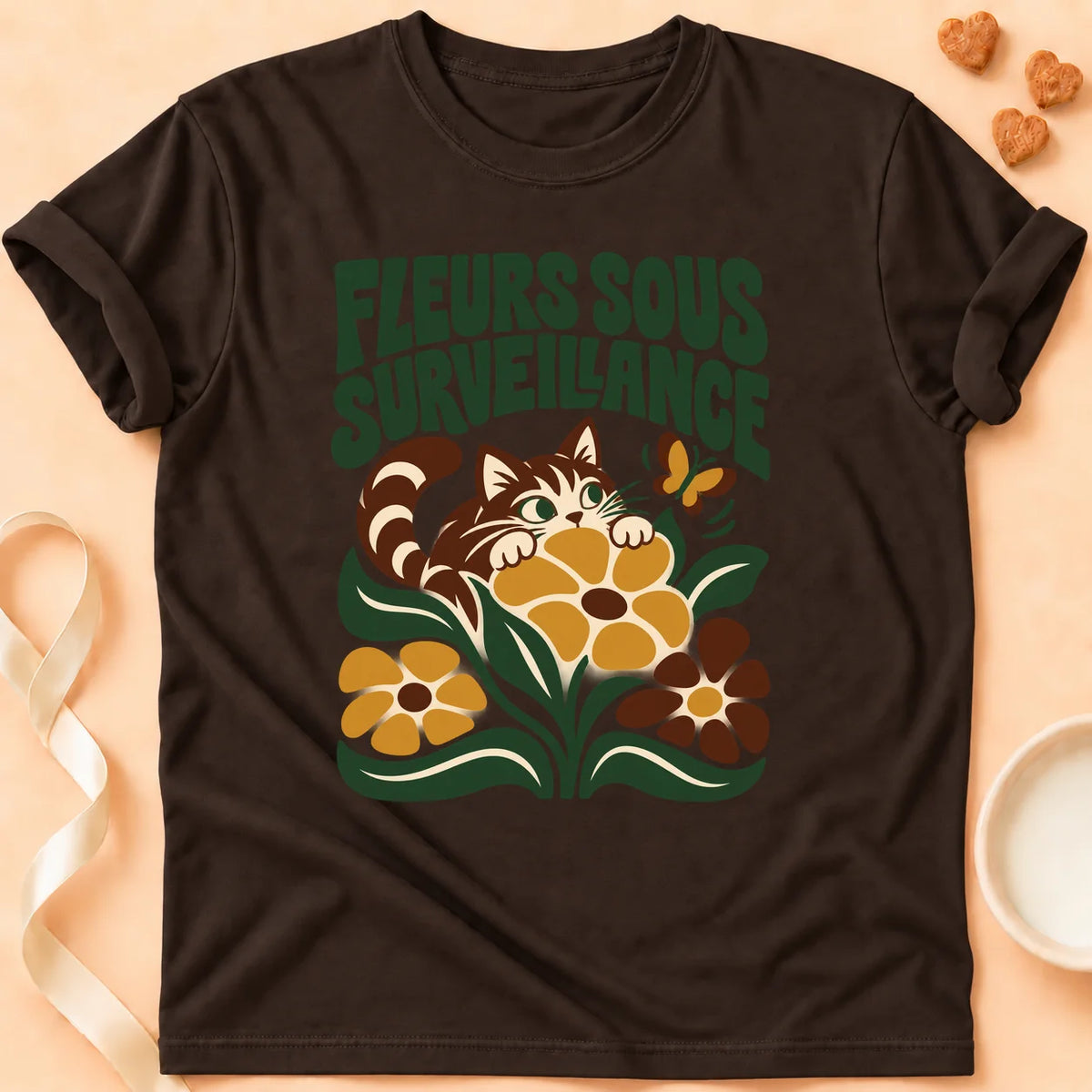 T-shirt chat Patoume – T-shirt Fleurs sous surveillance – Chocolat