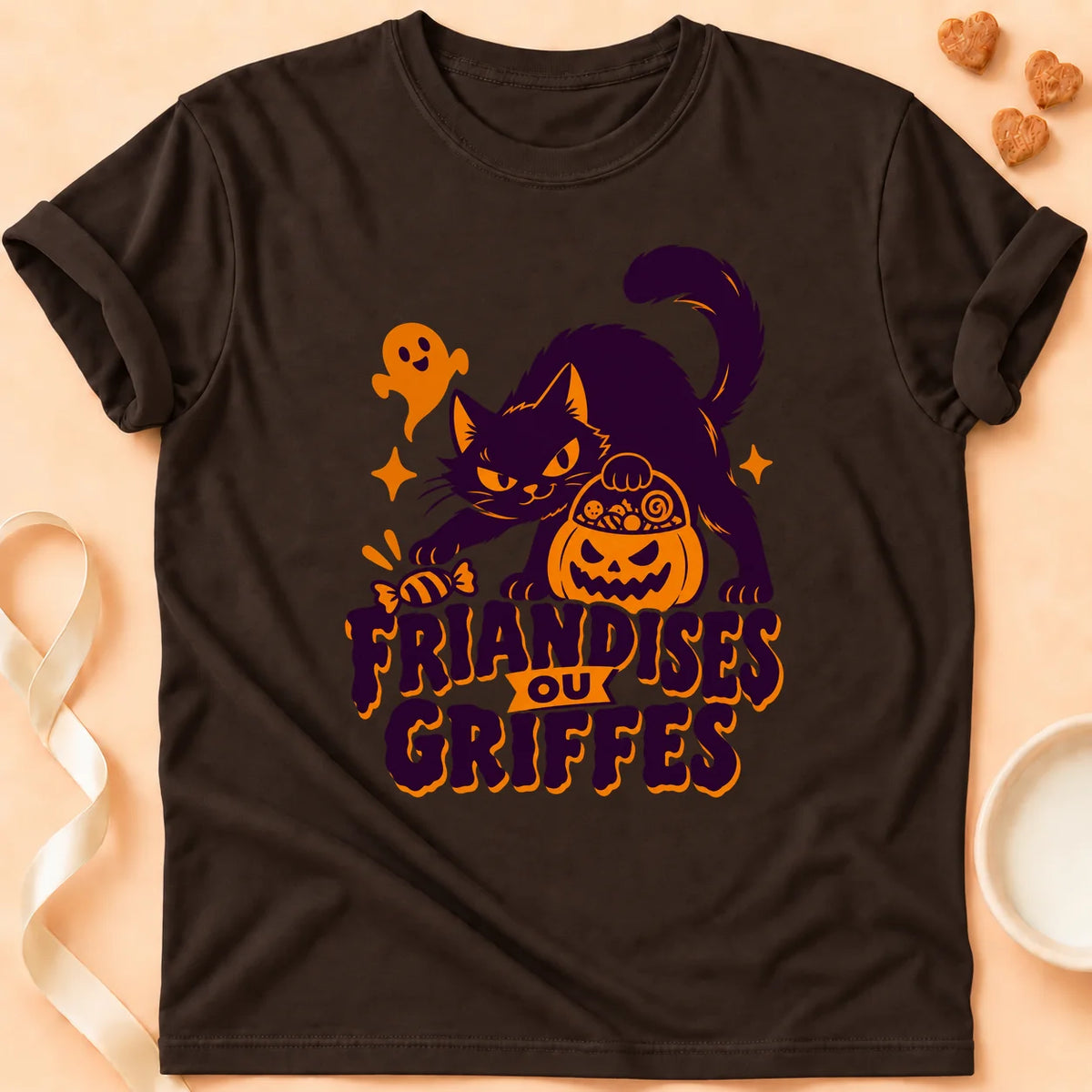 T-shirt chat Patoume – T-shirt Friandises ou griffes – Chocolat