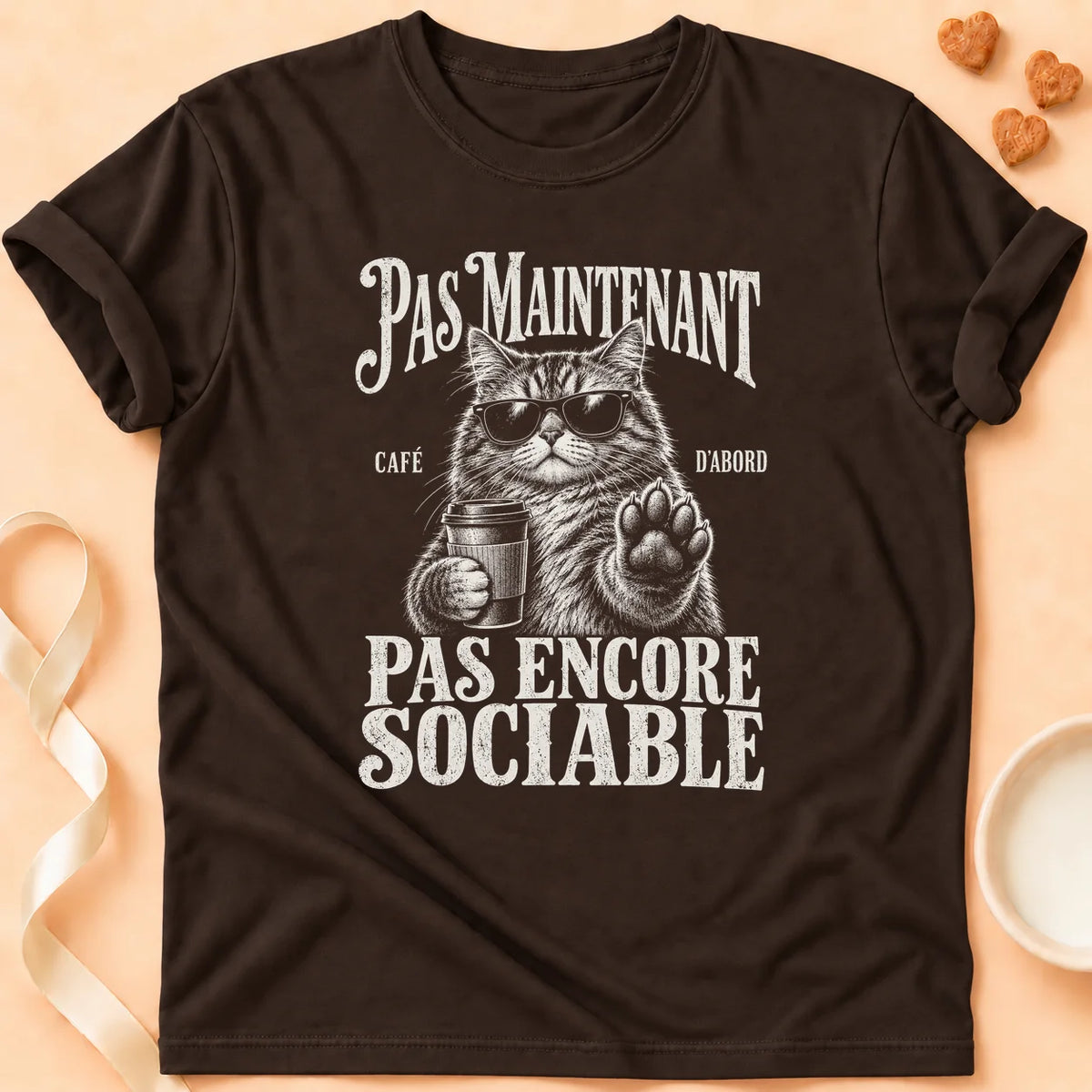 T-shirt chat Patoume – T-shirt Pas maintenant – Chocolat