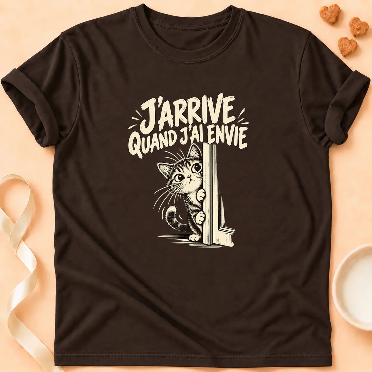 T-shirt chat Patoume – T-shirt J’arrive si j’ai envie – Chocolat