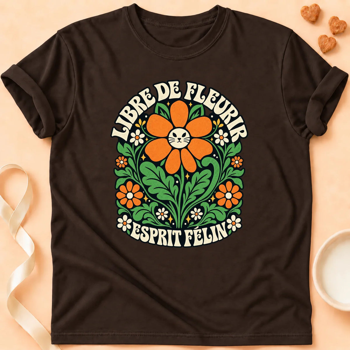 T-shirt chat Patoume – T-shirt Libre de fleurir – Chocolat