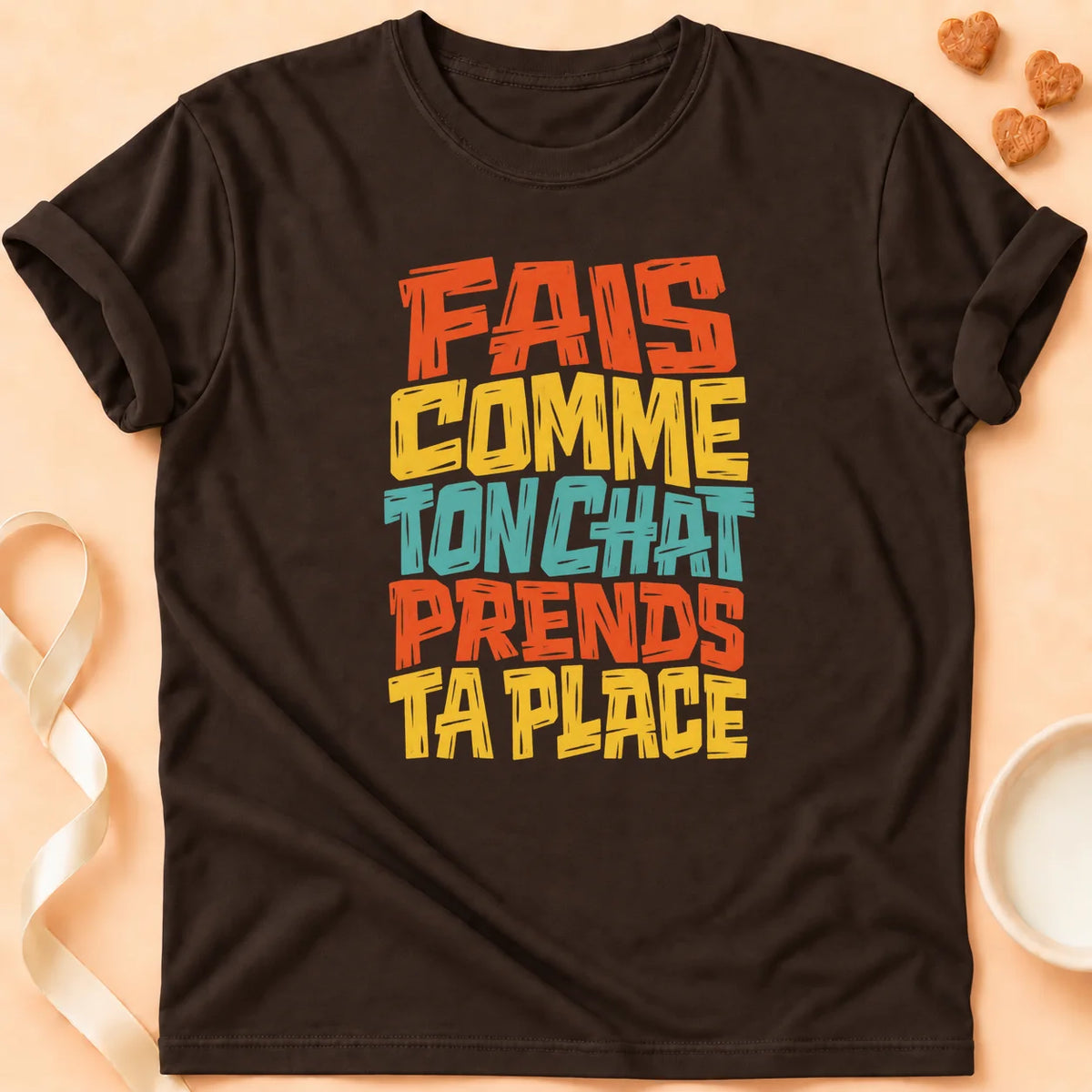 T-shirt chat Patoume – T-shirt Prends ta place – Chocolat