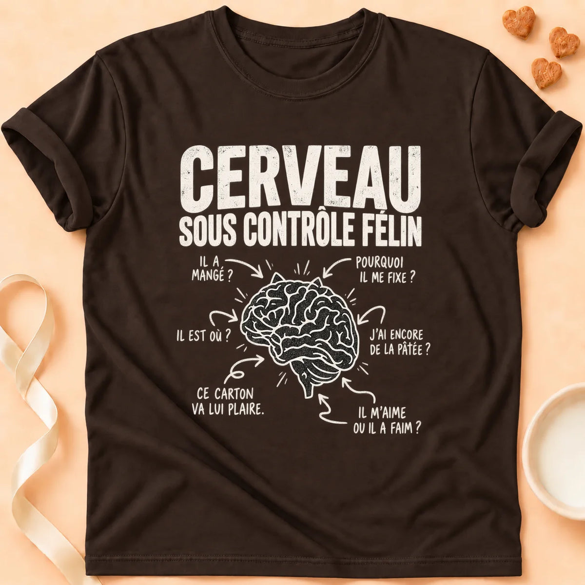 T-shirt chat Patoume – T-shirt Cerveau félin – Chocolat