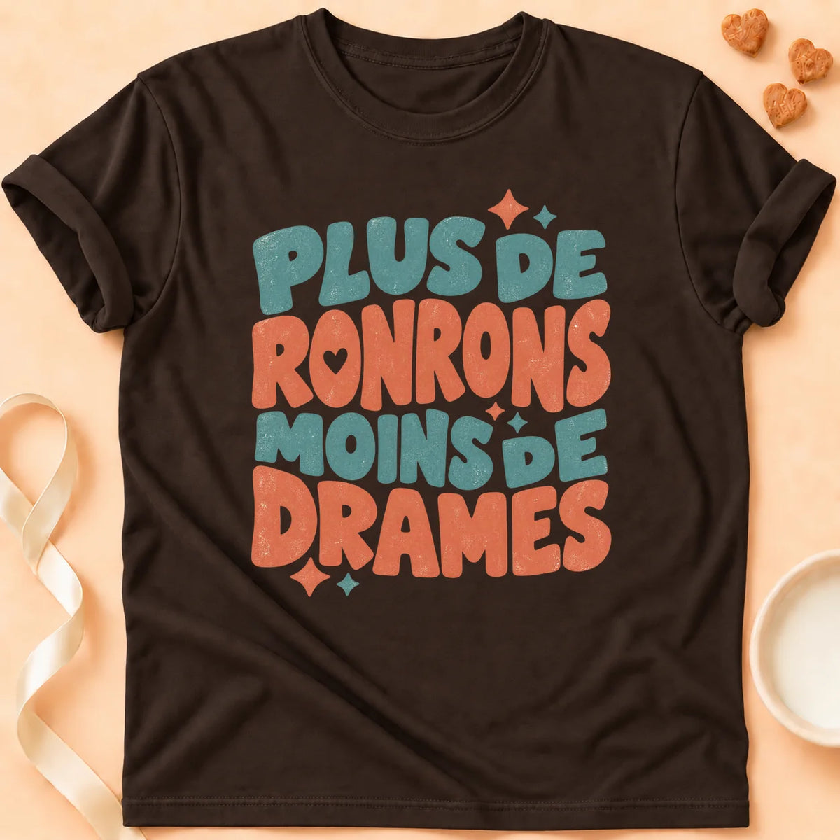 T-shirt chat Patoume – T-shirt Moins de drames – Chocolat
