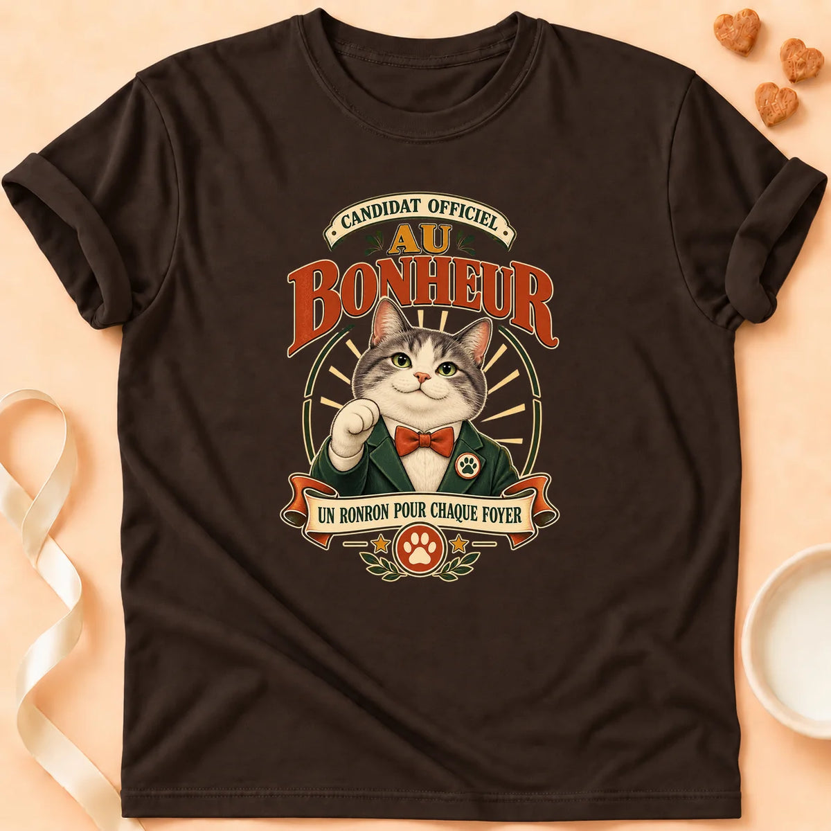 T-shirt chat Patoume – T-shirt Candidat au bonheur – Chocolat
