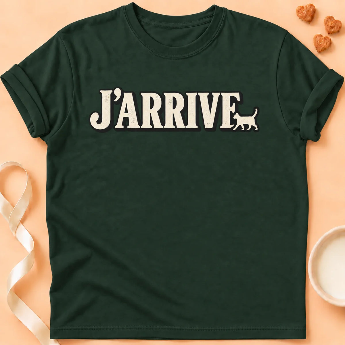 T-shirt chat Patoume – T-shirt J’arrive – Vert sapin