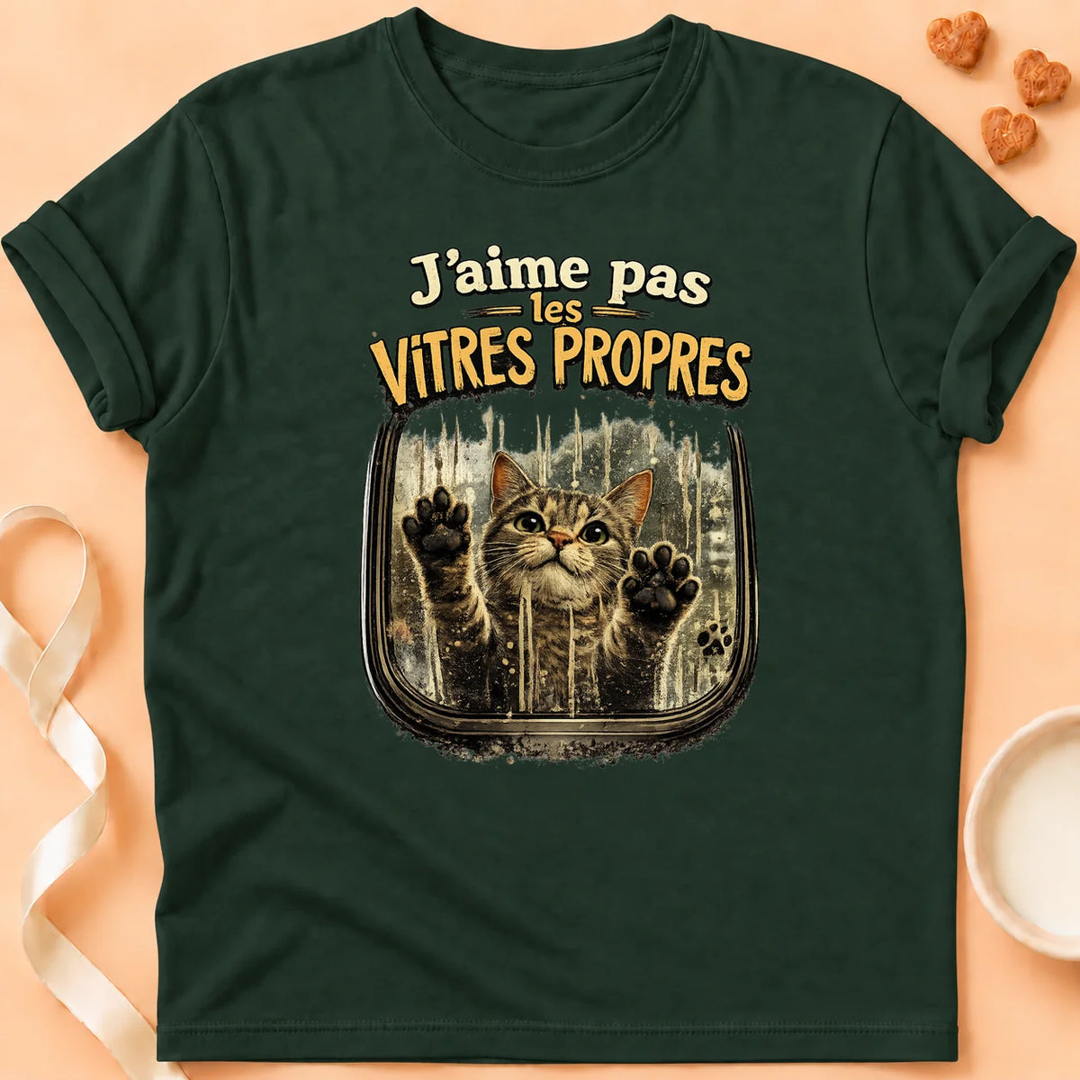 T-shirt chat Patoume – T-shirt « J’aime pas les vitres propres » – Vert sapin