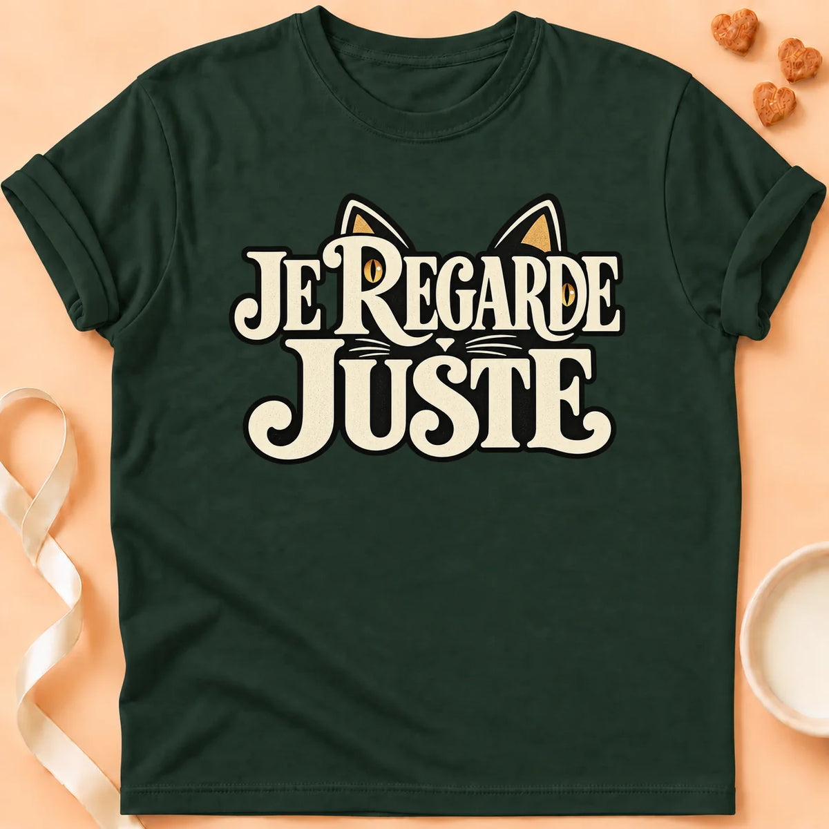 T-shirt chat Patoume – T-shirt Je regarde juste – Vert sapin