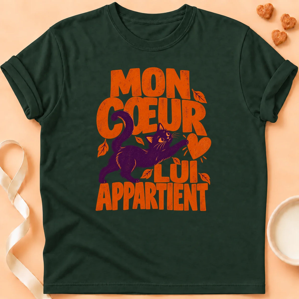 T-shirt chat Patoume – T-shirt Mon coeur lui appartient – Vert sapin