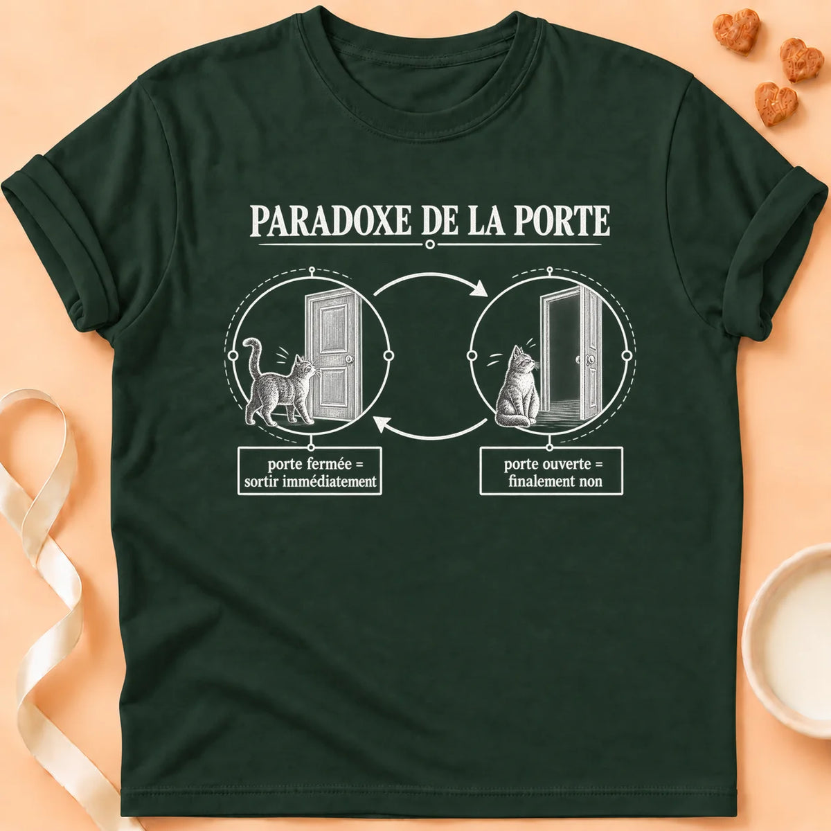 T-shirt chat Patoume – T-shirt Paradoxe porte – Vert sapin
