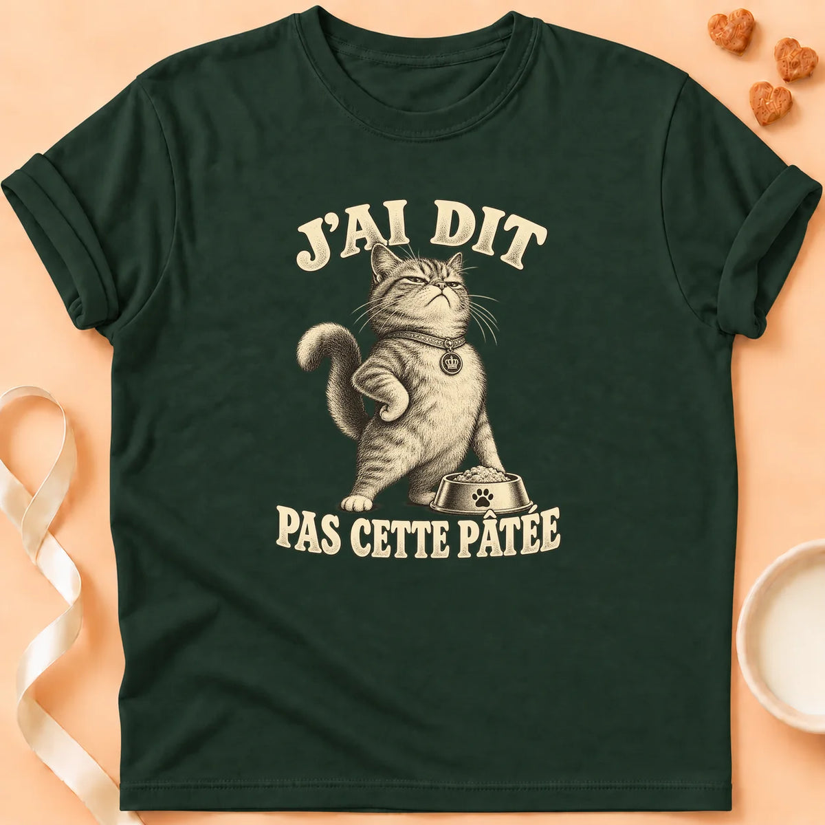 T-shirt chat Patoume – T-shirt Pas cette pâtée – Vert sapin